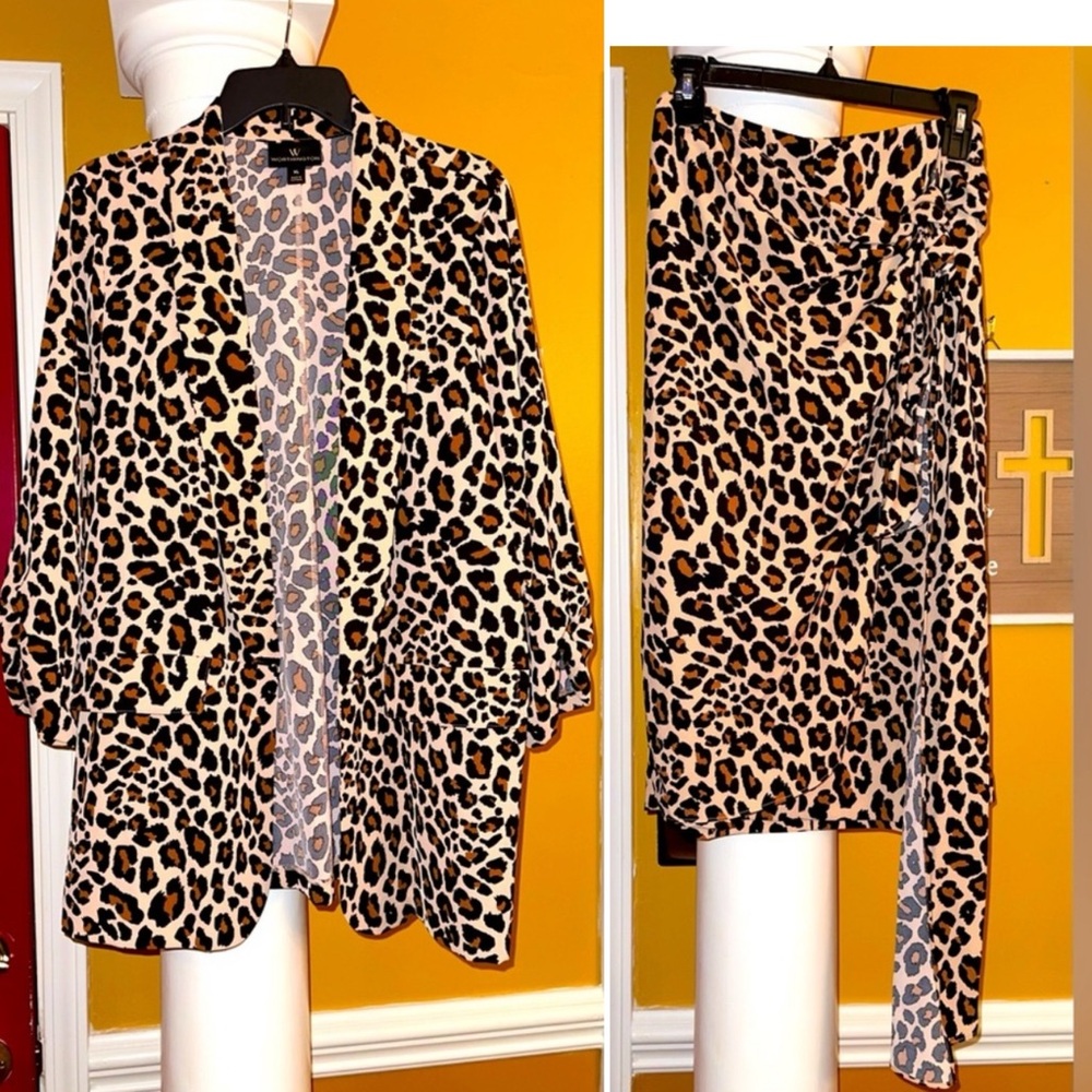 Worthington Leopard Print Jacket and Matching Faux Wrap Midi Skirt Set